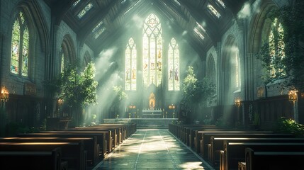 Wall Mural - A Sunbeam Illuminates the Interior of a Gothic Cathedral