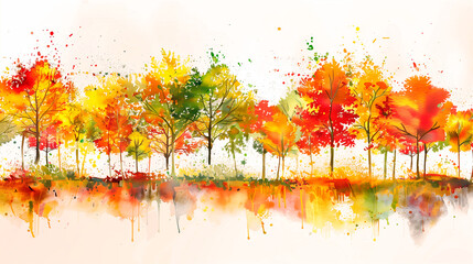 Watercolor painting colorful autumn background. Abstract drawing forest with red yellow orange and fire colors trees in fall season. Art illustration landscape for background.