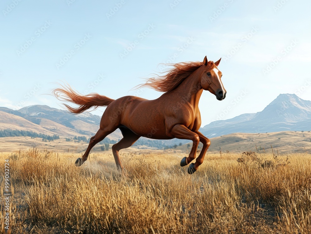 Chestnut horse galloping through a sunlit meadow during golden hour ...