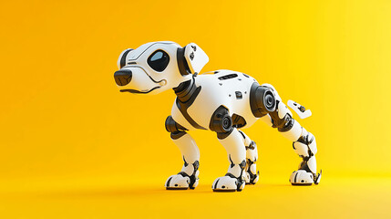 A white robotic dog stands on a yellow background.