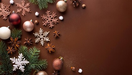 Christmas tree decorations and snowflakes on brown background with space for text, christmas and new year concept