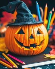 Wall Mural - Seasonal image of pumpkin with hat and pencils on notepad