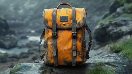 Sticker - Vintage Leather Backpack on a Rocky Path