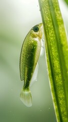 Sticker - A small fish swims near a long green leaf. AI.