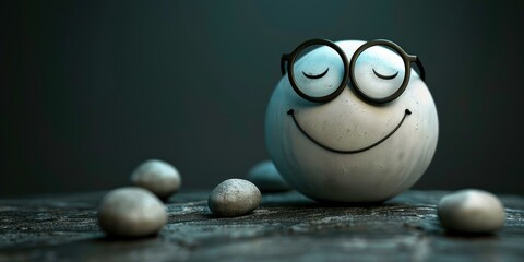 Canvas Print - A smiley face with glasses rests on a wooden surface with a few pebbles around it. AI.