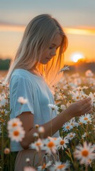 Canvas Print - A young woman enjoying the beauty of a field of daisies. AI.