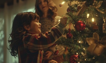 Canvas Print - A child helps decorate a Christmas tree with ornaments and lights. AI.