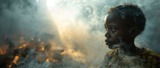 Canvas Print - A young child stands amidst a smoky haze. AI.