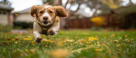 Wall Mural - A dog runs through a grassy field. AI.