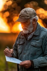 Canvas Print - An older man with a white beard signs a document. AI.