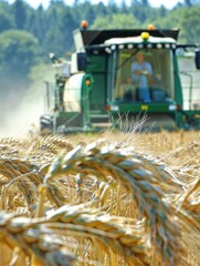 Poster - A close-up of wheat stalks in a field with a combine harvester in the background. AI.