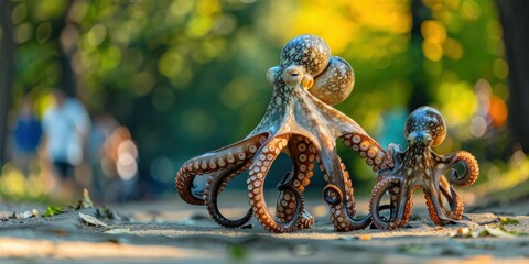 Wall Mural - Two octopuses on the ground with a blurred background. AI.