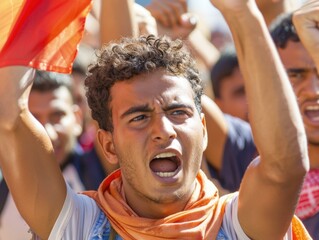 Canvas Print - A young man shouts with a raised fist. AI.