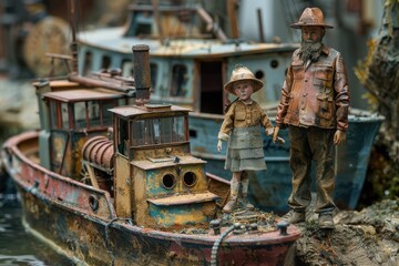 A detailed miniature figure of a miner standing next to an old rusted ferry boat.