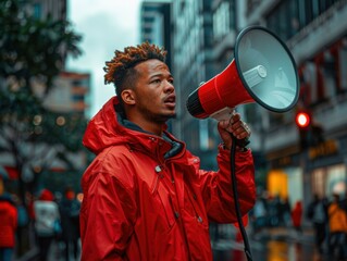 Wall Mural - A person speaks into a megaphone in the city. AI.