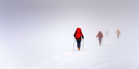 Poster - Hikers navigate a snowy landscape in foggy conditions. AI.