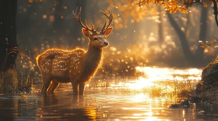 Sticker - Majestic Deer in Golden Hour Forest