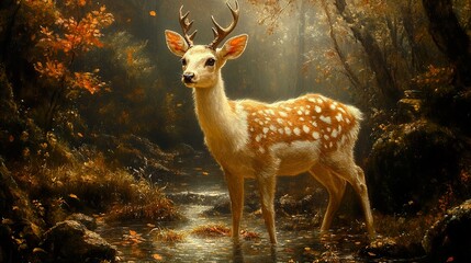 Sticker - A Fawn in the Autumn Forest - A Captivating Wildlife Painting