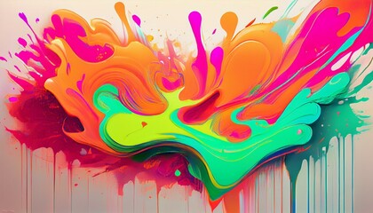 Wall Mural - neon orange ,neon pink,.neon green paint creates an abstract shape on a white canvas with a graffiti spray