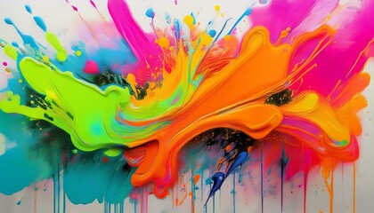 Wall Mural - neon orange ,neon pink,.neon green paint creates an abstract shape on a white canvas with a graffiti spray