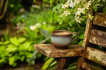 A peaceful garden setting with a cup of ceremonial cacao on a rustic wooden bench, surrounded by blooming plants.