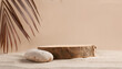 © hardvicore - Wooden display podium on beach sand surface, stone decor. Stage for product presentation.