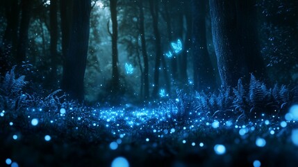 Wall Mural - Glowing Butterflies and Fireflies in a Dark Forest at Night