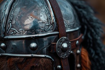 Viking helmet with detailed metalwork and leather straps