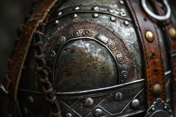 Viking helmet with detailed metalwork and leather straps