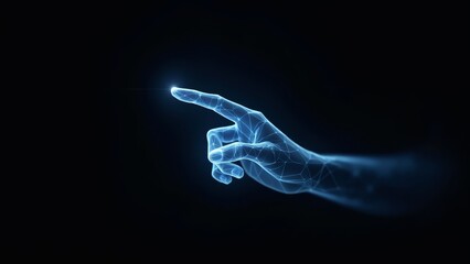 Poster - Polygonal blue hologram of digital hand pointing on dark background.