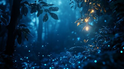 Wall Mural - Enchanting Forest at Night with Glowing Lights and Silhouetted Trees