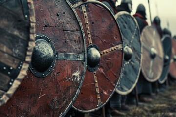 Viking shield wall, with warriors standing in formation