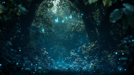 Poster - Enchanted Forest with Glowing Fireflies and Butterflies