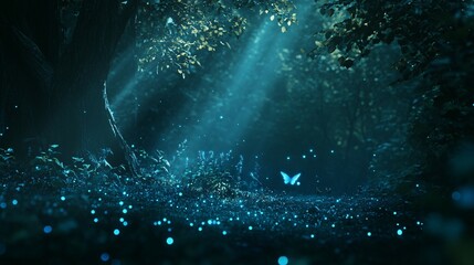 Sticker - A Blue Morpho Butterfly Soaring Through a Mystical Forest Filled with Glowing Lights