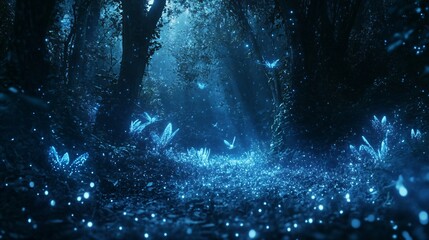 Poster - Enchanted Forest Path Illuminated by Glowing Butterflies and Fireflies at Night