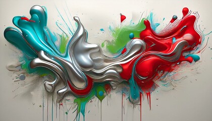 Wall Mural - silver ,red,blue ,green paint creates an abstract shape on a white canvas with a graffiti spray