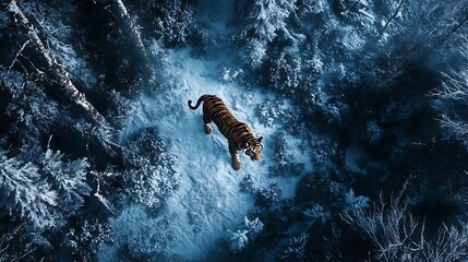 Wall Mural - a majestic tiger walks through a snowy forest, seen from above.