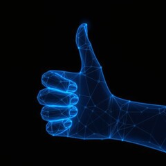 Wall Mural - Polygonal blue hologram of hand giving thumbs up on dark background.