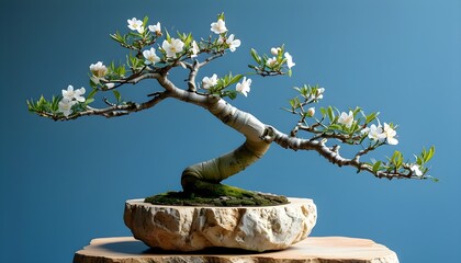 Wall Mural - Delicate Peach Tree Bonsai Against a Serene Blue Backdrop