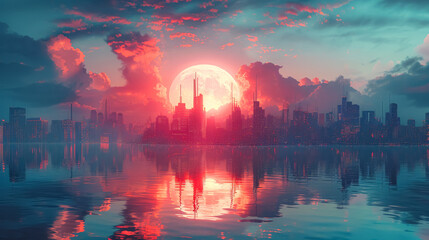 Canvas Print - city skyline is reflected in the water, with a large red moon in the sky. the scene is serene and pe