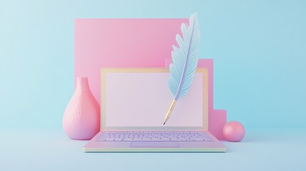 Sticker - A laptop with a feather pen floating over the screen on a pastel blue background with a pink vase and geometric shapes.