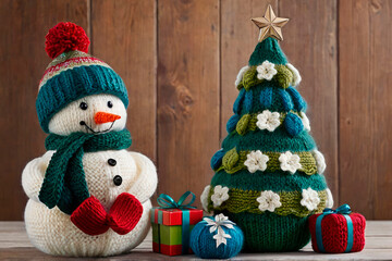 Wall Mural - Knitted toy snowman with gifts under decorated knitted Christmas tree. Festive handmade souvenirs for Christmas