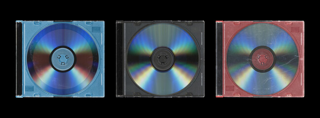 Set of three old music CD disc jewel case with compact disk and without cover in black background, y2k style