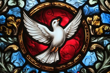 Stained glass depiction of the Holy Spirit in vibrant colors