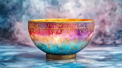 Ethereal Watercolor Indian Glass Bowl with Delicate Designs and Gold Accents, Soft Pastel Tones, and Space for Text