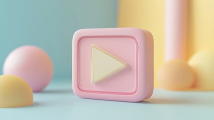 Sticker - A pink 3D play button with a cream-colored triangle, set against a light blue and yellow background with rounded shapes.