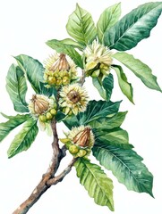 Wall Mural - Detailed illustration of Castanea sativa with flowers and leaves in spring