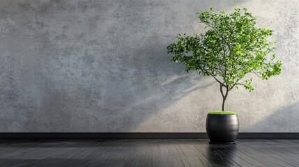 Poster - A single green plant in a black pot sits on dark hardwood floors against a textured grey wall.