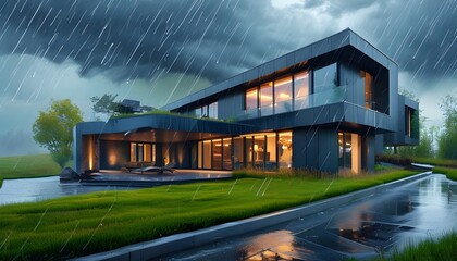 contemporary home under stormy skies with rain pouring and lush grass backdrop