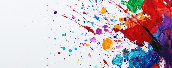 Colorful abstract paint splashes on white background, creative artistic expression with vibrant hues in a dynamic composition.